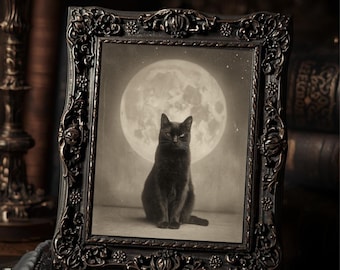 Vintage Gothic Black Cat Print Victorian Style Full Moon  Wall Art