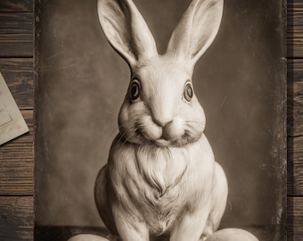 Vintage Victorian Creepy Easter Bunny Portrait Card Gothic Antique Style Art Blank Inside