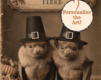 Personalized Vintage Victorian Thanksgiving Bat Print Custom Message Pilgrim Bats Gothic Fall Wall Art
