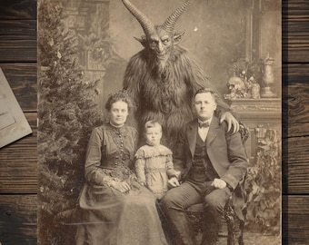 Vintage Victorian Krampus Family Christmas Portrait Card Gothic Holiday Art Antique Style Photography Blank Inside