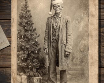 Vintage Victorian Zombie Santa Hat Christmas Card Gothic Undead Holiday Greeting