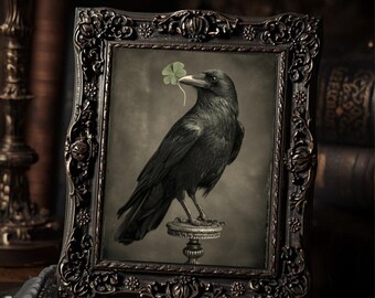 Vintage Victorian St. Patrick’s Day Raven With Four Leaf Clover Wall Print
