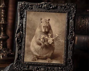 Capybara Holding Bouquet Victorian Animal Art Print Cabinet Card Style Gentle Gothic Wall Art