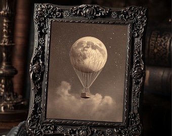Vintage Gothic Moon Hot Air Balloon Print Victorian Style Celestial Fantasy  Wall Art