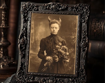 Victorian Devil Horned Woman Holding Flowers Creepy Gothic Antique Style Macabre Portrait  Art Print