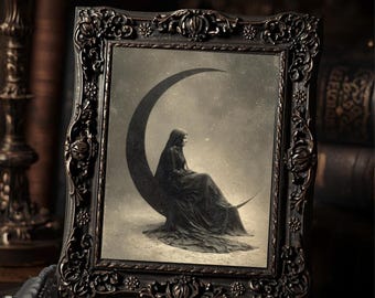 Gothic Moon Goddess Print Victorian Lunar Woman  Dark Feminine Wall Art
