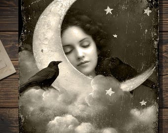 Vintage Moon Goddess Raven Greeting Card Celestial Gothic Blank Victorian Moon Art