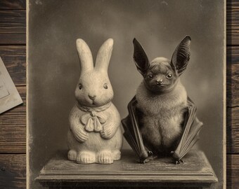 Vintage Gothic Easter Bat and Rabbit Greeting Card Victorian Style Art Blank Inside