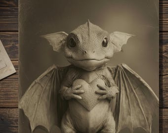 Valentine Baby Dragon Holding Heart Gothic Fantasy Greeting Card Victorian Style Creature Love Note Dark Whimsical