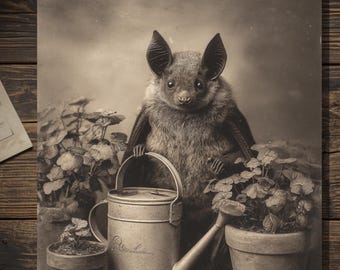Victorian Bat Watering Plants Greeting Card Antique Style Sepia Gothic Bat Card