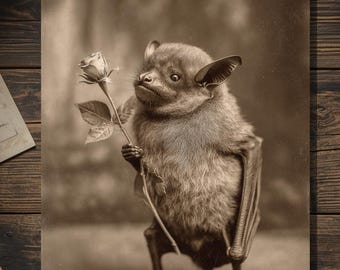 Vintage Victorian Bat Holding Rose Love Card Gothic Valentine Art Antique Style Photography Blank Inside