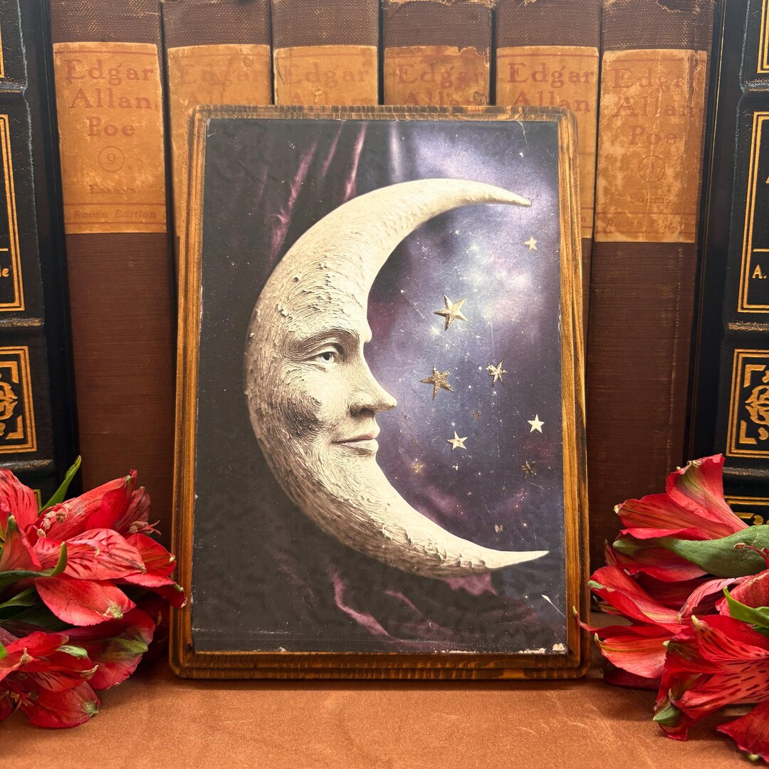 Celestial Moon Face Wood Plaque Vintage Crescent Moon Wall Decor ...