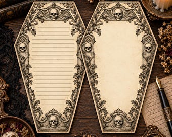 Coffin Shaped Stationery Victorian Gothic Skull Halloween Writing Paper Lined or Unlined Memento Mori Letter Set