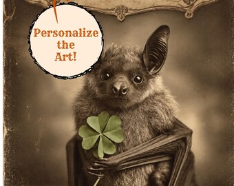 Personalized Vintage Victorian St Patricks Day Bat Print Custom Message Gothic Lucky Clover Irish Wall Art