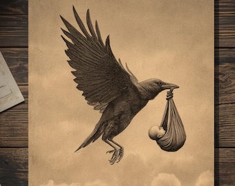 Vintage Victorian Raven Delivering Baby New Baby Card Gothic Macabre Art Antique Style Photography Blank Inside