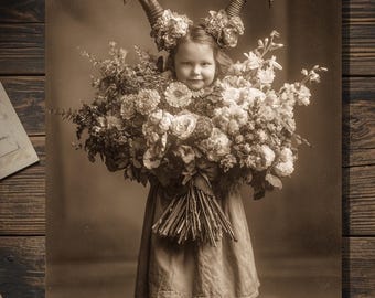 Vintage Victorian Horned Flower Girl Congratulations Thank You Card Gothic Macabre Art Antique Style Photography Blank Inside