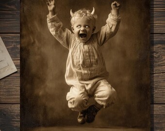 Vintage Victorian Creepy Horned Little Boy Congratulations Card Gothic Macabre Art Antique Style Photography Blank Inside