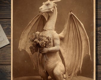 Vintage Dragon Holding Bouquet Valentine Card Gothic Fantasy Art Antique Style Photography Blank Inside