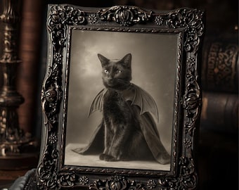 Vintage Victorian Bat Wing Vampire Black Cat Gothic Dark Familiar  Art Print Antique Style Witchy Halloween Wall Decor