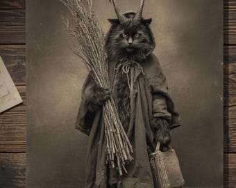 Vintage Victorian Krampus Cat Christmas Greeting Card Dark Yule Folklore Familiar Blank Inside