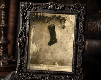 Lonely Christmas Stocking  Gothic Holiday Art Print Dark Vintage Wall Art Spooky Sepia Photography Creepy Winter Decor