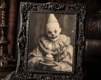 Vintage Victorian Creepy Clown With Cupcake Gothic Dark Horror  Art Print Antique Style Macabre Wall Decor
