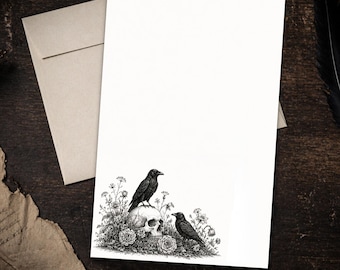 Raven Skull Writing Paper Set 5.5 x 8.5 Gothic Stationery Dark Floral Letter Kit with Envelopes