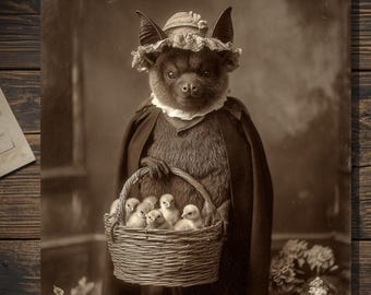 Vintage Victorian Bat With Basket of Chicks Easter Card Gothic Antique Style Art Blank Inside