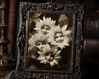 Victorian Flower Faces Print Gothic Surreal Wall Art Antique Sepia Floral Decor