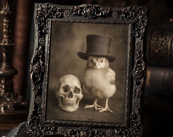 Angry Gothic Chicken With Skull Top Hat Dark Cute  Art Print Sepia Vintage Macabre Farmhouse Wall Decor