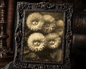Victorian Grumpy Flower Faces Print Gothic Surreal Wall Art Antique Sepia Floral Decor