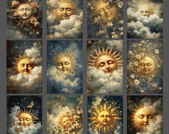 Vintage Celestial Sun Face Notecard Set of 12 Blank Whimsical Greeting Card Stationery