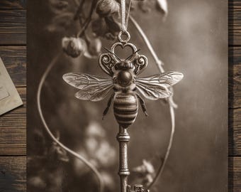 Vintage Victorian Bee Skeleton Key Card Gothic Art Antique Style Photography Blank Inside