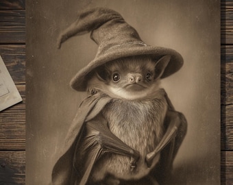 Vintage Victorian Bat Witch Costume Halloween Card Gothic Antique Style Photography Blank Inside