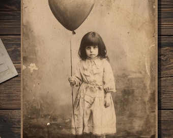 Vintage Victorian Girl with Heart Balloon Valentine Card Gothic Antique Oddity Cabinet Photo Blank Inside