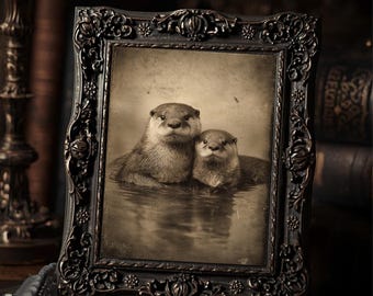 Vintage Victorian Otter Print Gothic Animal Wall Art Antique Style Photography Dark Whimsical Decor