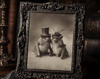 Gothic Bat Couple In Hats Dark Cute Victorian  Art Print Sepia Vintage Macabre Romantic Wall Decor