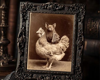 Victorian Bat Riding Chicken Art Print Antique Style Sepia Gothic Animal Print