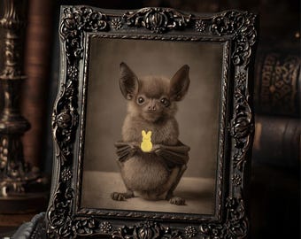 Vintage Victorian Bat Holding Marshmallow Peep Bunny Wall Print Gothic Easter Portrait Antique Style Art
