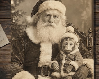 Vintage Santa and Baby Monkey Christmas Card Funny Victorian Holiday Greeting Card