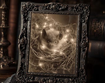 Gothic Bat In Fairy Lights Nest Dark Cute  Art Print Sepia Vintage Macabre Romantic Wall Decor