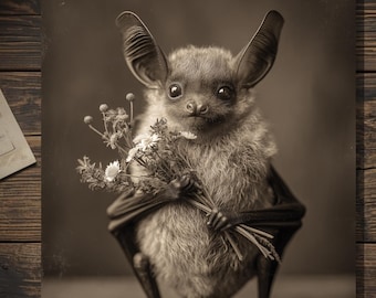 Vintage Victorian Bat With Flowers Love Card Gothic Floral Valentine Antique Style Photography Blank Inside