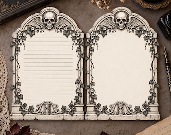 Tombstone Shaped Stationery Victorian Gothic Winged Skull Writing Paper Lined or Unlined Memento Mori Cemetery Letter Set