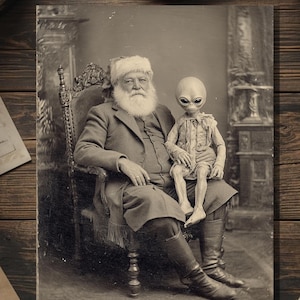 Vintage Victorian Santa with Grey Alien Child Christmas Card Gothic Holiday Art Antique Style Photography Blank Inside