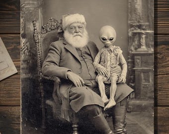 Vintage Victorian Santa with Grey Alien Child Christmas Card Gothic Holiday Art Antique Style Photography Blank Inside