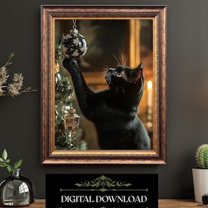Christmas Black Cat Ornament Printable Whimsical Holiday Art Digital Download