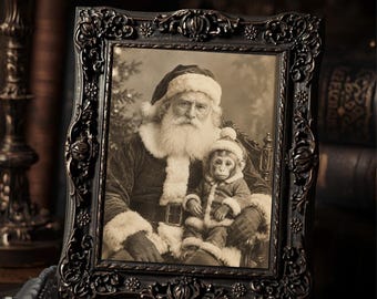 Vintage Santa with Baby Monkey Print Victorian Christmas Wall Art Antique Holiday Decor
