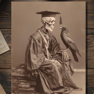 Vintage Victorian Skeleton Graduate with Raven Graduation Card Gothic Macabre Art Antique Style Photography Blank Inside