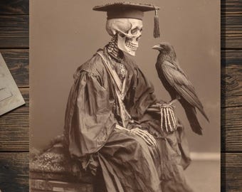 Vintage Victorian Skeleton Graduate with Raven Graduation Card Gothic Macabre Art Antique Style Photography Blank Inside