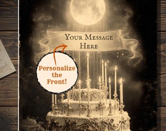 Personalized Vintage Victorian Gothic Birthday Print Custom Message Moon Cake Celestial Wall Art Birthday Gift
